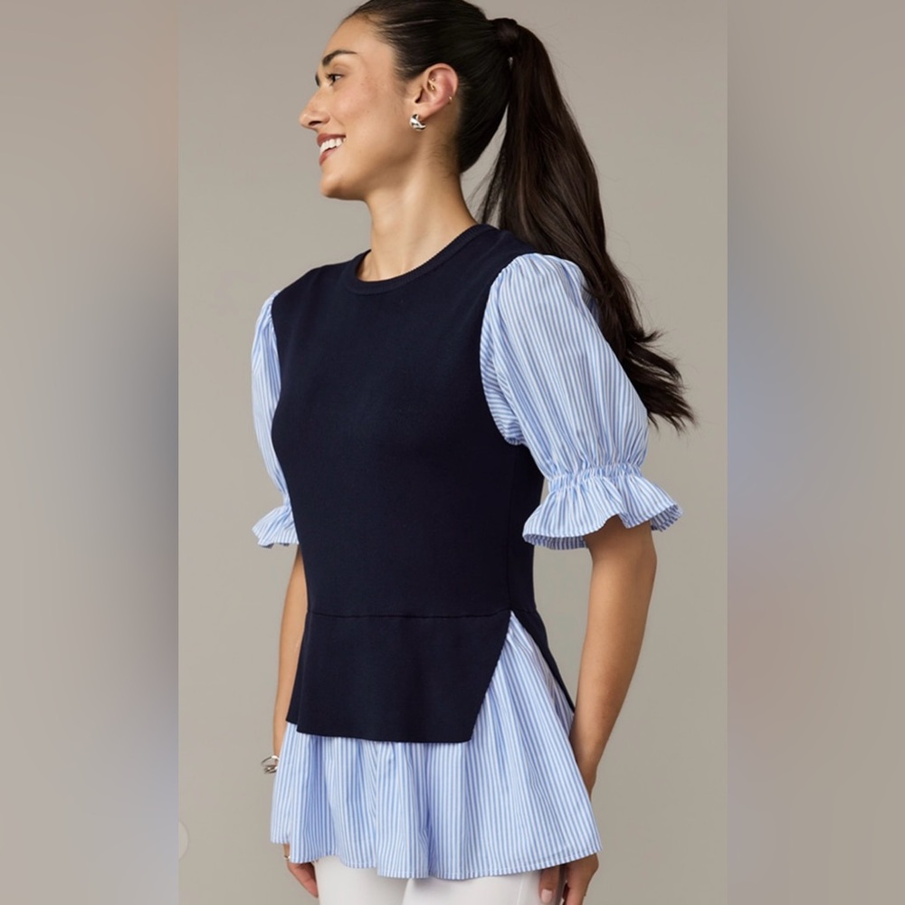 Nina Twofer Striped Half Sleeve Blouse